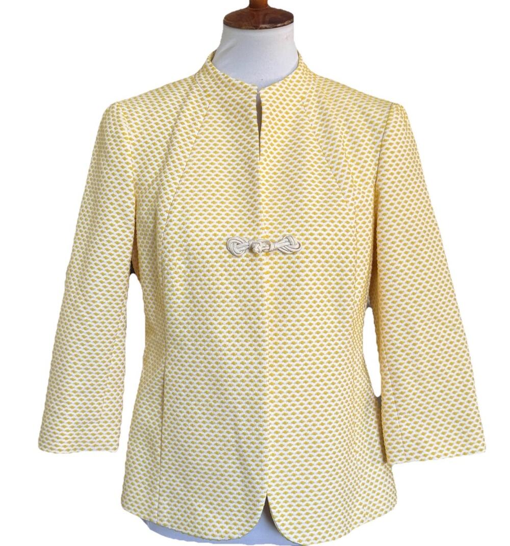 Talbots Size 6 Open Blazer Jacket Yellow Swiss Dot 3/4 Slv Toggle Closure